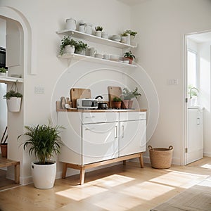 Kitchen with light walls white furniture and shelves with crockery and plants in pots small refrigerator in dining room