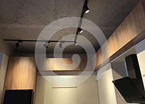 Kitchen lighting, black spot track lights led, interior in modern loft design