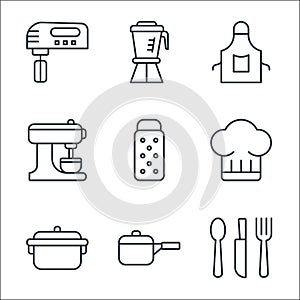 kitchen line icons. linear set. quality vector line set such as kitchen utensils, pot, pot, chef hat, grater, mixer, apron,