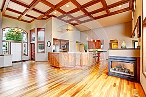 Kitchen and living room with hardwood floor, white entrance door. photo