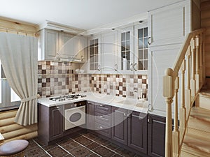The kitchen in the log interior in a modern style of brown and w