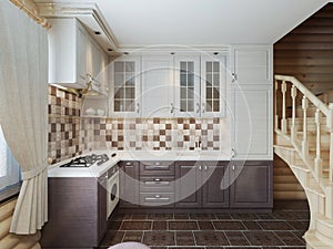 The kitchen in the log interior in a modern style of brown and w