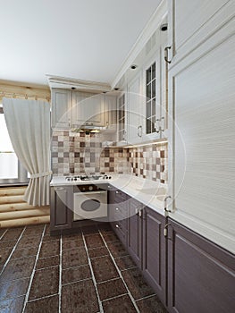 The kitchen in the log interior in a modern style of brown and w