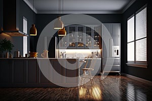 Kitchen in luxury home. interior design of modern. empty room, design, decorative, serving. banner. apartment for sale