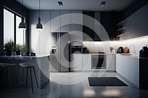 Kitchen in luxury home. interior design of modern. empty room, design, decorative, serving. banner. apartment for sale