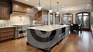 Kitchen in luxury home. Kitchen in new luxury home with quartz waterfall island. generative ai