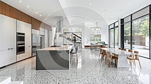 The kitchen at Luxury Rewritten showcases the versatility of Terrazzo flooring in modern design. The large open space is