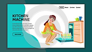 Kitchen Machine Woman Using For Wash Dishes Vector