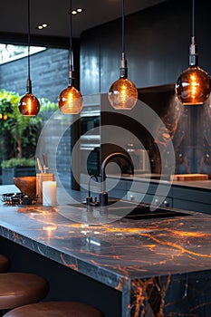 A kitchen with a marble counter top and lights hanging from the ceiling, AI
