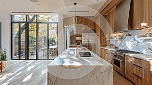 A kitchen with marble counter tops and wooden cabinets, AI