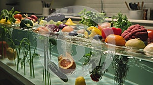 In the kitchen, a massive pool of crystal-clear water, with colorful vegetables and fruits floating, AI generated