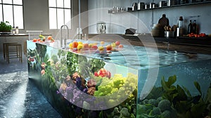 In the kitchen, a massive pool of crystal-clear water, with colorful vegetables and fruits floating, AI generated