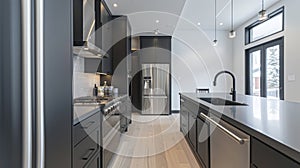 A kitchen with matte black cabinets and countertops providing a sleek and contemporary look. The dark color adds a touch