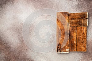 Kitchen meat Cutting board on concrete background. Food cooking background. Long banner format. top view