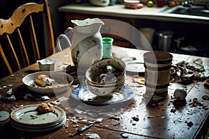 kitchen mess due to broken cups, dirty plates and food leftovers on kitchen table