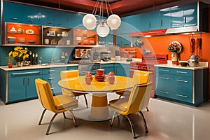 kitchen midcentury modern design, characterized by clean lines and iconic shapes, bright color from 60s and 70s