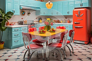 kitchen midcentury modern design, characterized by clean lines and iconic shapes, bright color from 60s and 70s