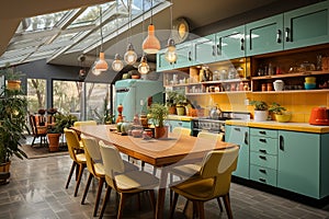 kitchen midcentury modern design, characterized by clean lines and iconic shapes, bright color from 60s and 70s