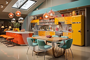 kitchen midcentury modern design, characterized by clean lines and iconic shapes, bright color from 60s and 70s