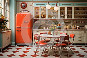 kitchen midcentury modern design, characterized by clean lines and iconic shapes, bright color from 60s and 70s