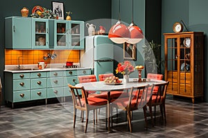 kitchen midcentury modern design, characterized by clean lines and iconic shapes, bright color from 60s and 70s