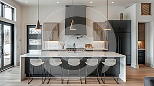 In the kitchen a minimalist approach is taken with streamlined cabinets in a matte black finish and white quartz