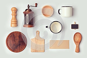 Kitchen mock up template with retro vintage objects. View from above.