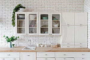 Kitchen at modern house with white interior design