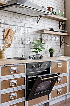 Kitchen with modern interior, furniture and equipment
