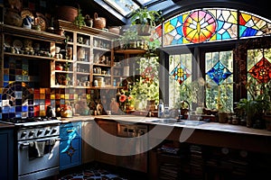 Kitchen with multicolored mosaic tiles on the walls. Open wooden shelves, vintage furniture pieces