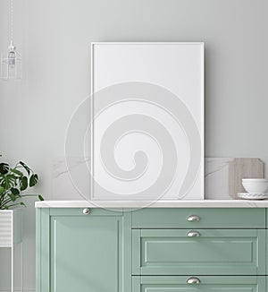 Kitchen in neo mint color, wall poster mock up