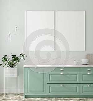 Kitchen in neo mint color, wall poster mock up
