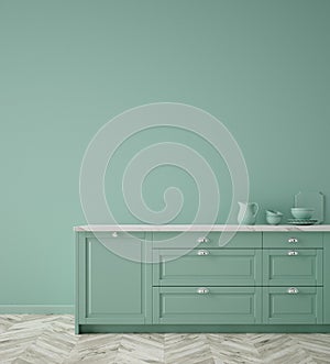 Kitchen in neo mint color, wall poster mock up photo