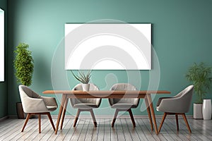 Kitchen in neo mint color, wall poster mock up, scandinavian style