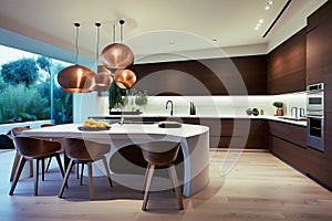 Kitchen in new luxury home with quartz waterfall island, hardwood floors.