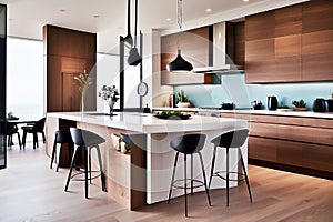 Kitchen in new luxury home with quartz waterfall island, hardwood floors.