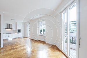 Kitchen in newly renovated open space with wooden floors