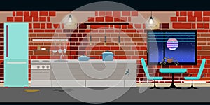 Kitchen in an old dirty apartment. brick wall, table, refrigerator. For 2d games location. Vector illustration