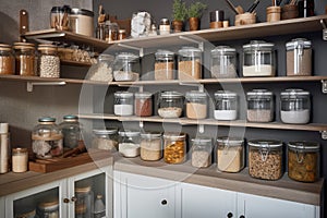 a kitchen with an organized and stylish pantry, featuring glass jars and metal containers