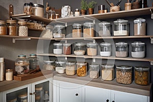 a kitchen with an organized and stylish pantry, featuring glass jars and metal containers photo