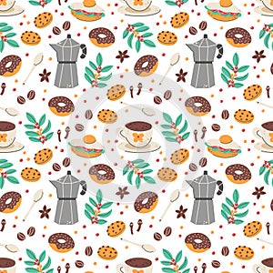 Kitchen pattern. Doodle cafe drinks and donuts. Coffee kettle and mug. Lunch egg snack. Breakfast with cup of cappuccino