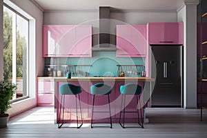 A kitchen with pink cabinets and blue stools. AI generative image.