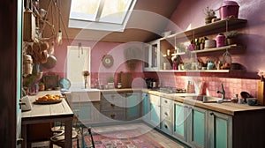 A kitchen with pink walls and blue cabinets. AI generative image.