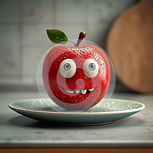 Kitchen plate with a funny red apple, adorned with eyes photo