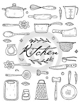 Kitchen poster with hand drawn kitchenware, spice and lettering on a white background.