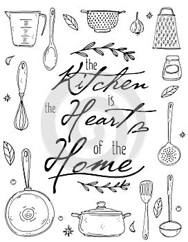 Kitchen poster with hand drawn kitchenware, spice and lettering on a white background.