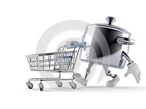 Kitchen pot character with shopping cart