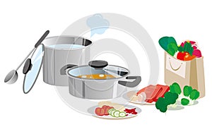 Kitchen pots and pans and food