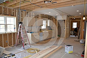 Kitchen under construction in new house photo