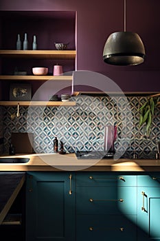 A kitchen with purple walls and blue cabinets. Generative AI image.
